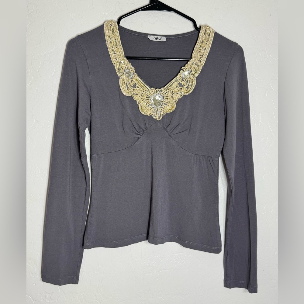 TATU Gray Long Sleeve Top Gold Sequin Embroidered V Neck Y2K Boho Size S/M